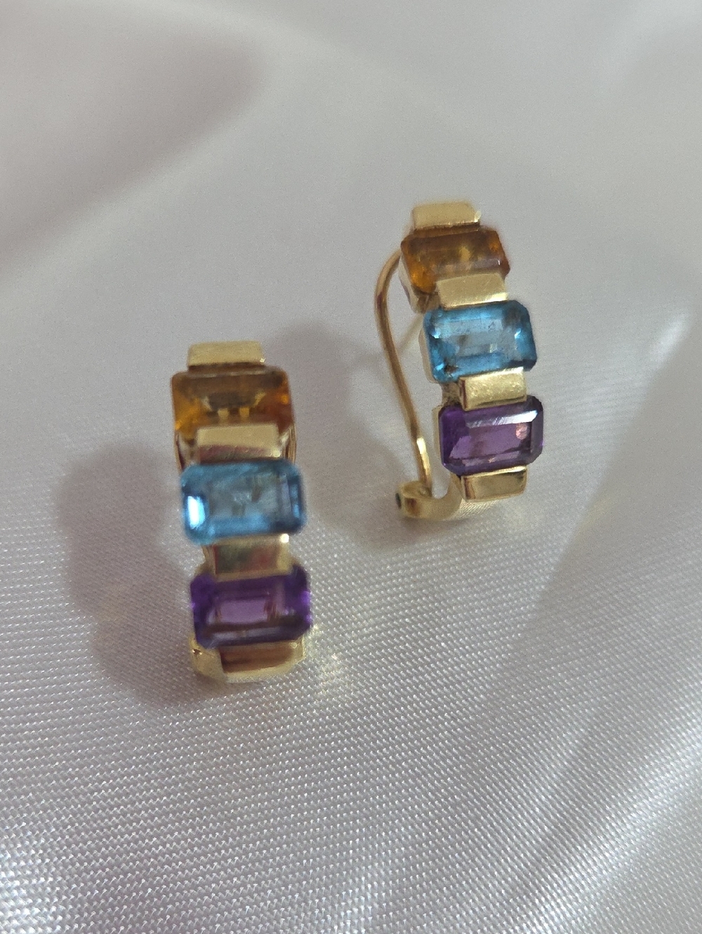 Solid 14k Gold Multi-Stone Hoop Earrings with Blue, Purple & Amber Stones